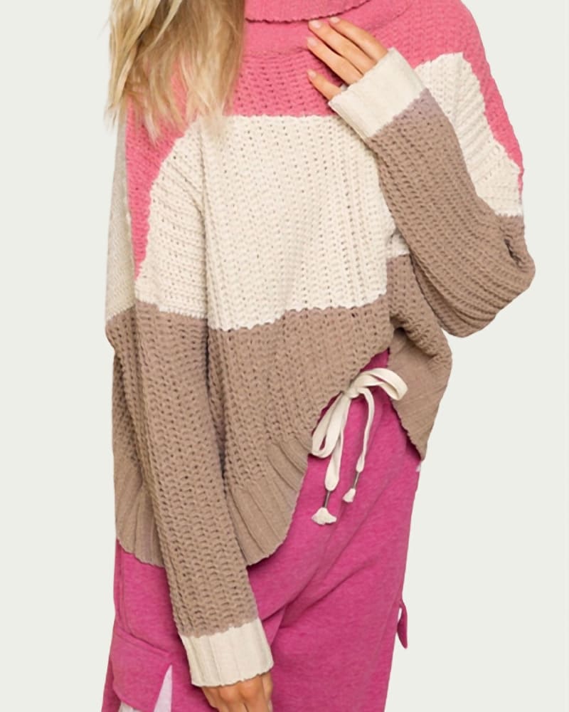 Front of a model wearing a size L Textured Colorblock Turtleneck Sweater in Bubblegum Pink Multi in Bubblegum Pink Multi by POL. | dia_product_style_image_id:326992